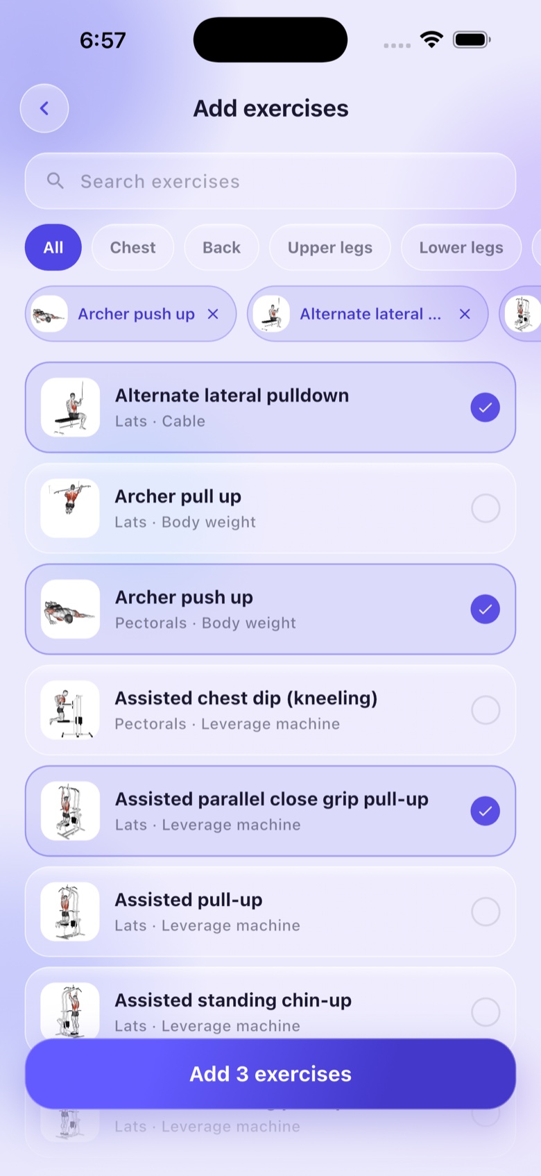 Darebni AI exercise picker with search and muscle-group filters, three moves selected and an Add 3 exercises button.