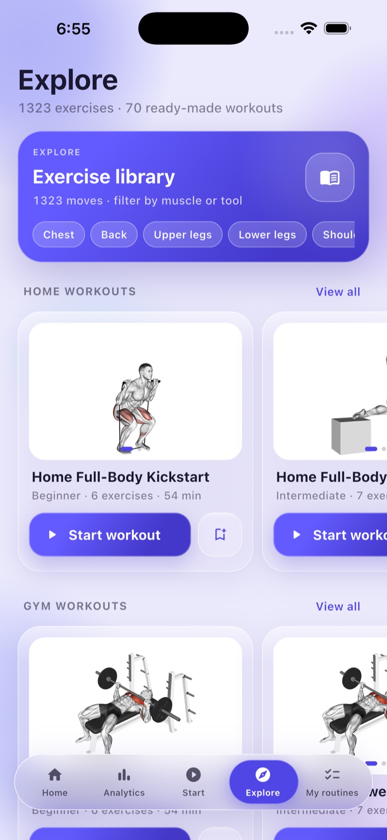Darebni AI explore screen showing the exercise library plus ready-made home and gym workouts, each with a start button.