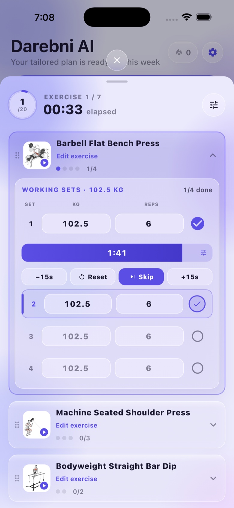 Darebni AI mid-session: the first set of barbell flat bench press at 102.5 kg for 6 reps marked done, a rest timer counting from 1:55 with plus and minus fifteen second controls, and the second set queued.